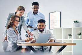 Smiling diverse HR team collaborating